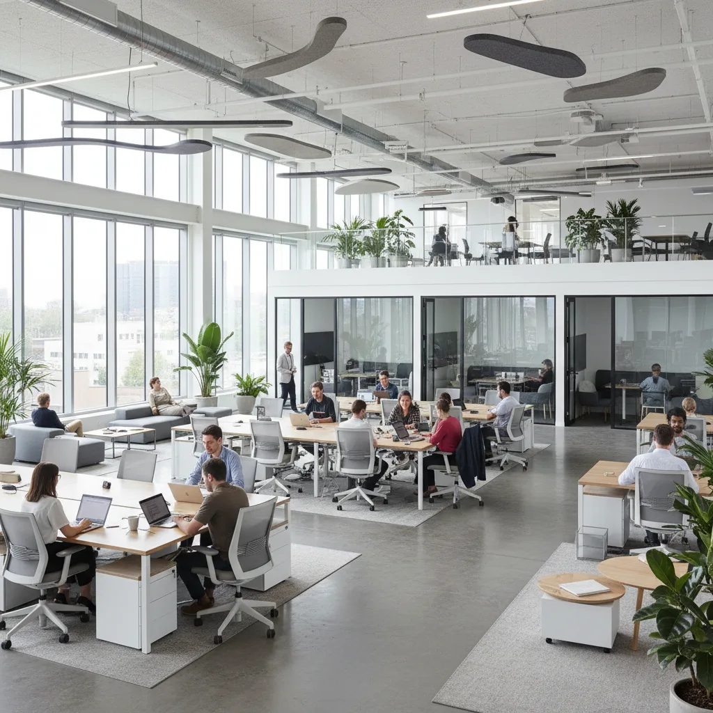 Team members working in collaborative open workspace office.
