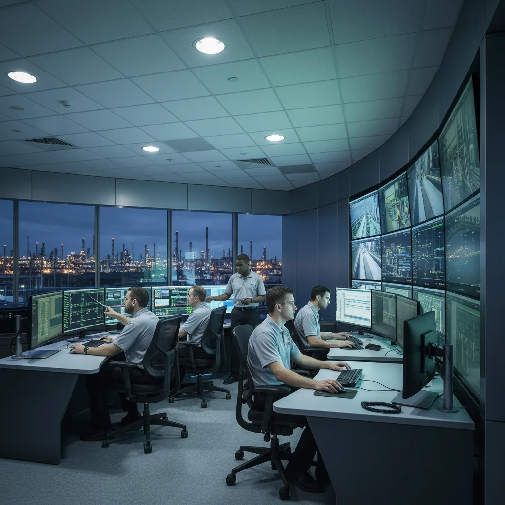 Facility staff coordinating inside a modern industrial control room.