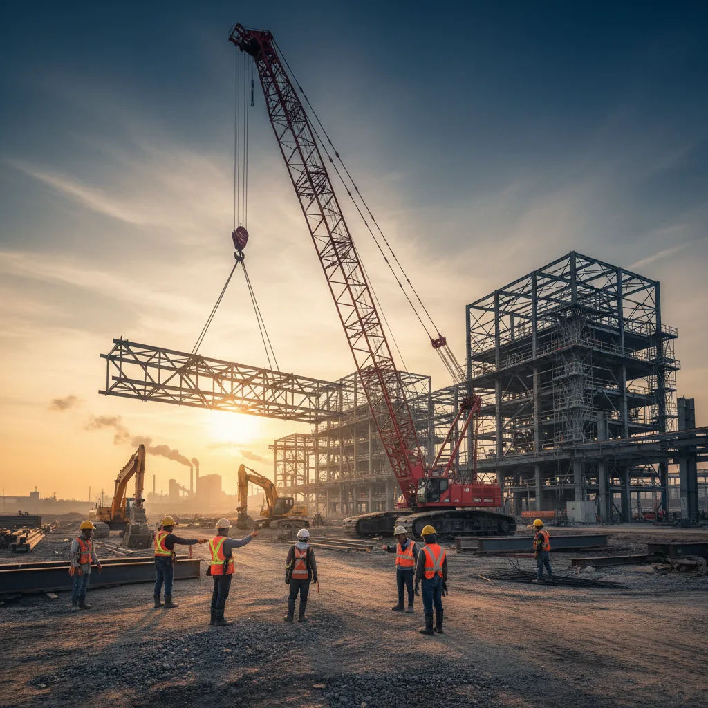 Wide view of a steel-framed facility under construction with engineers on-site