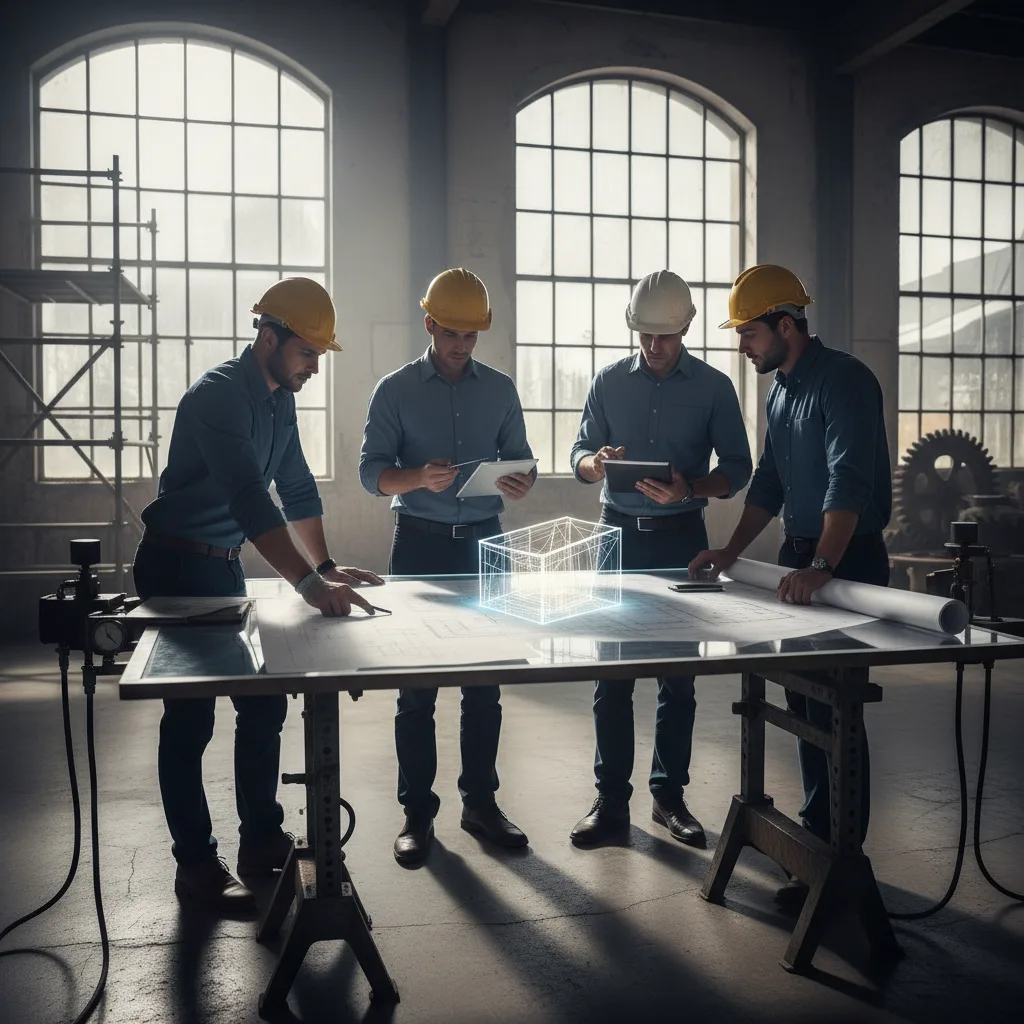 Teamwork session around blueprints in an industrial control room.