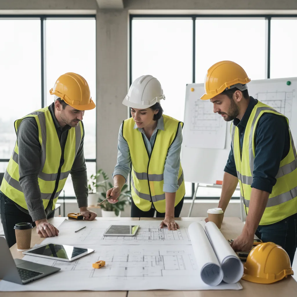 Project managers reviewing site diagrams on a table.