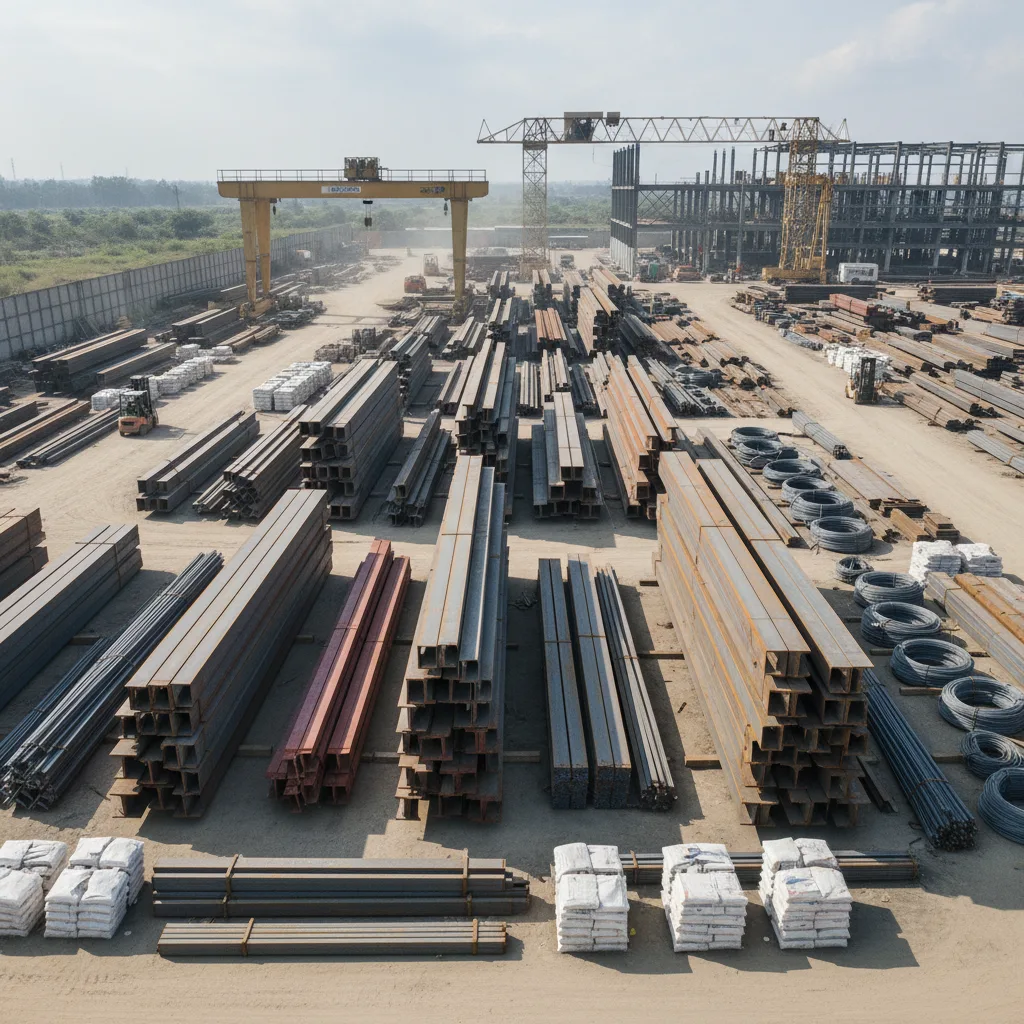 Closeup of steel beams and panels being installed on an industrial site